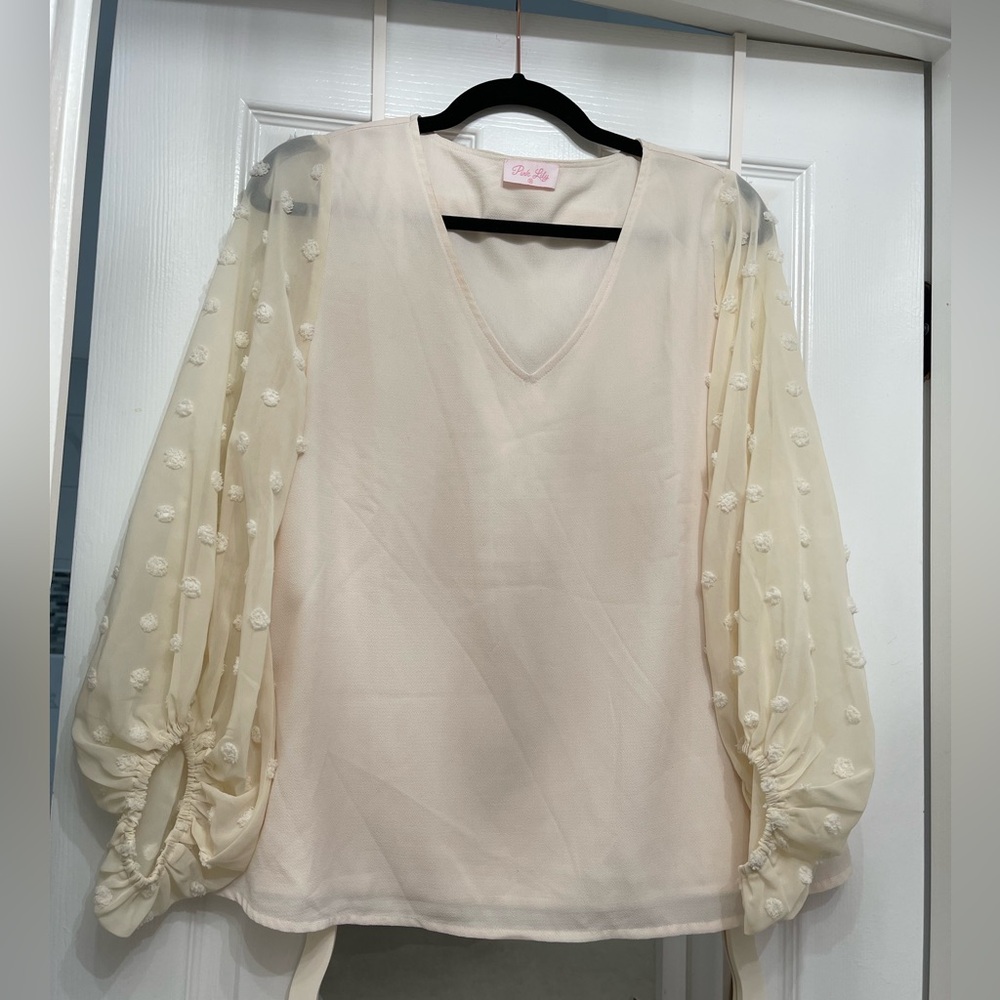 Pink Lily Cream Blouse with Sheer Textured Sleeves